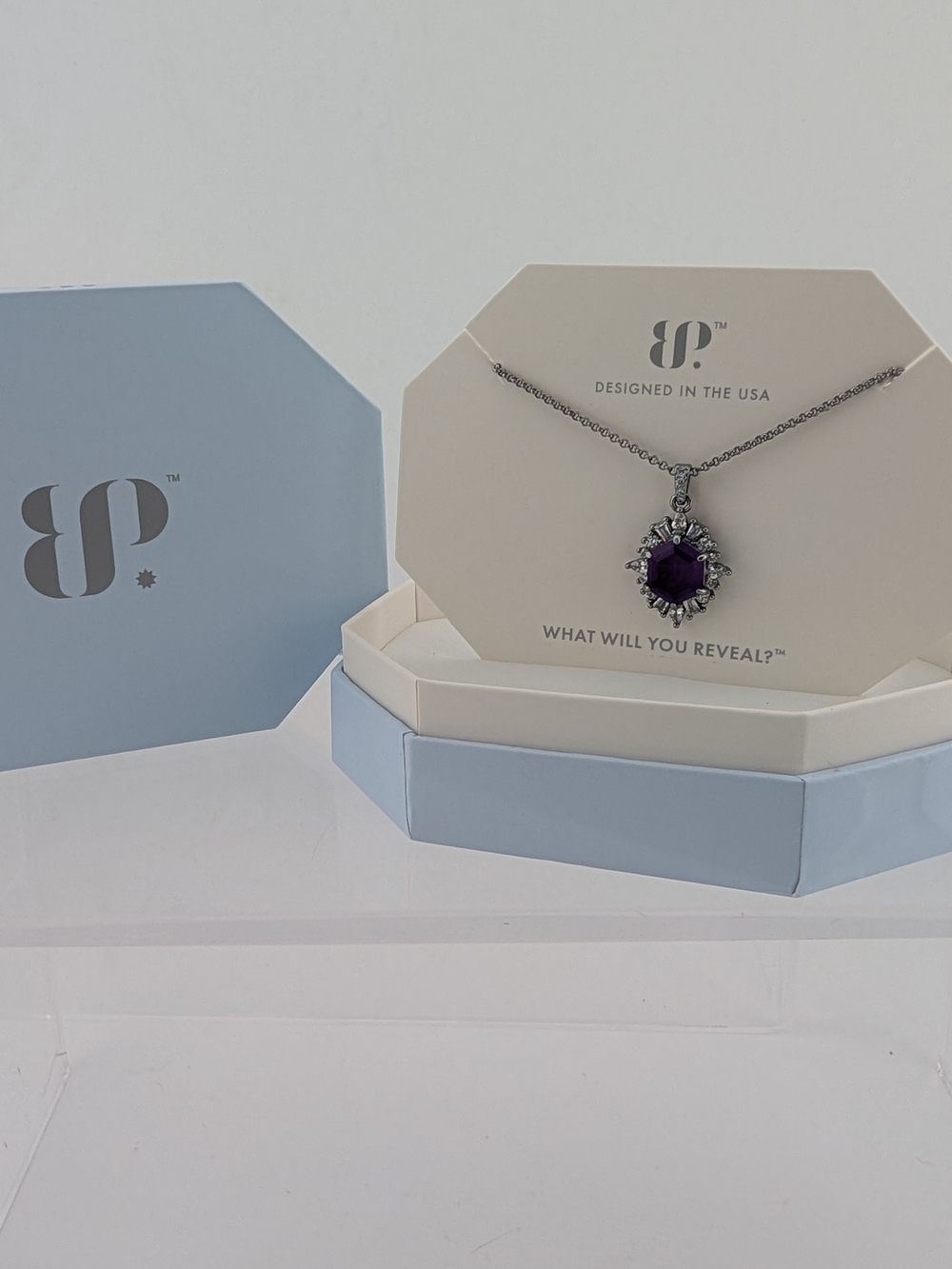 BP Silver Necklace with Purple Gem Pendant and Clear Accents